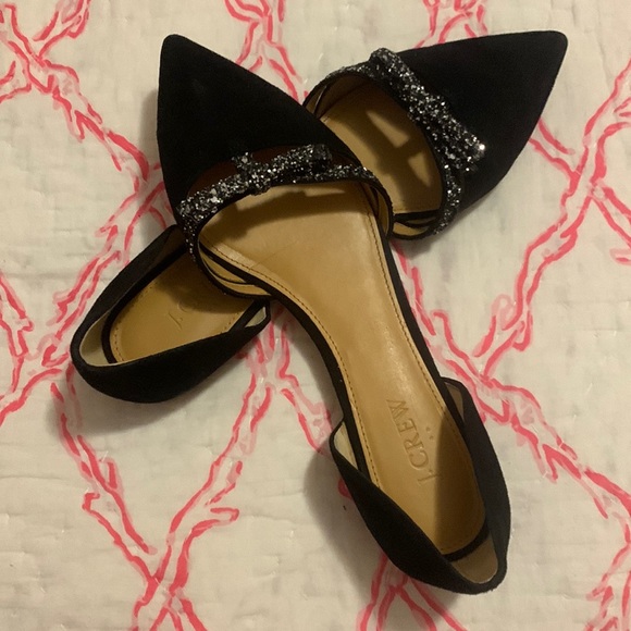 JCrew Black Velvet D’Orsay Flats with Glitter Bow